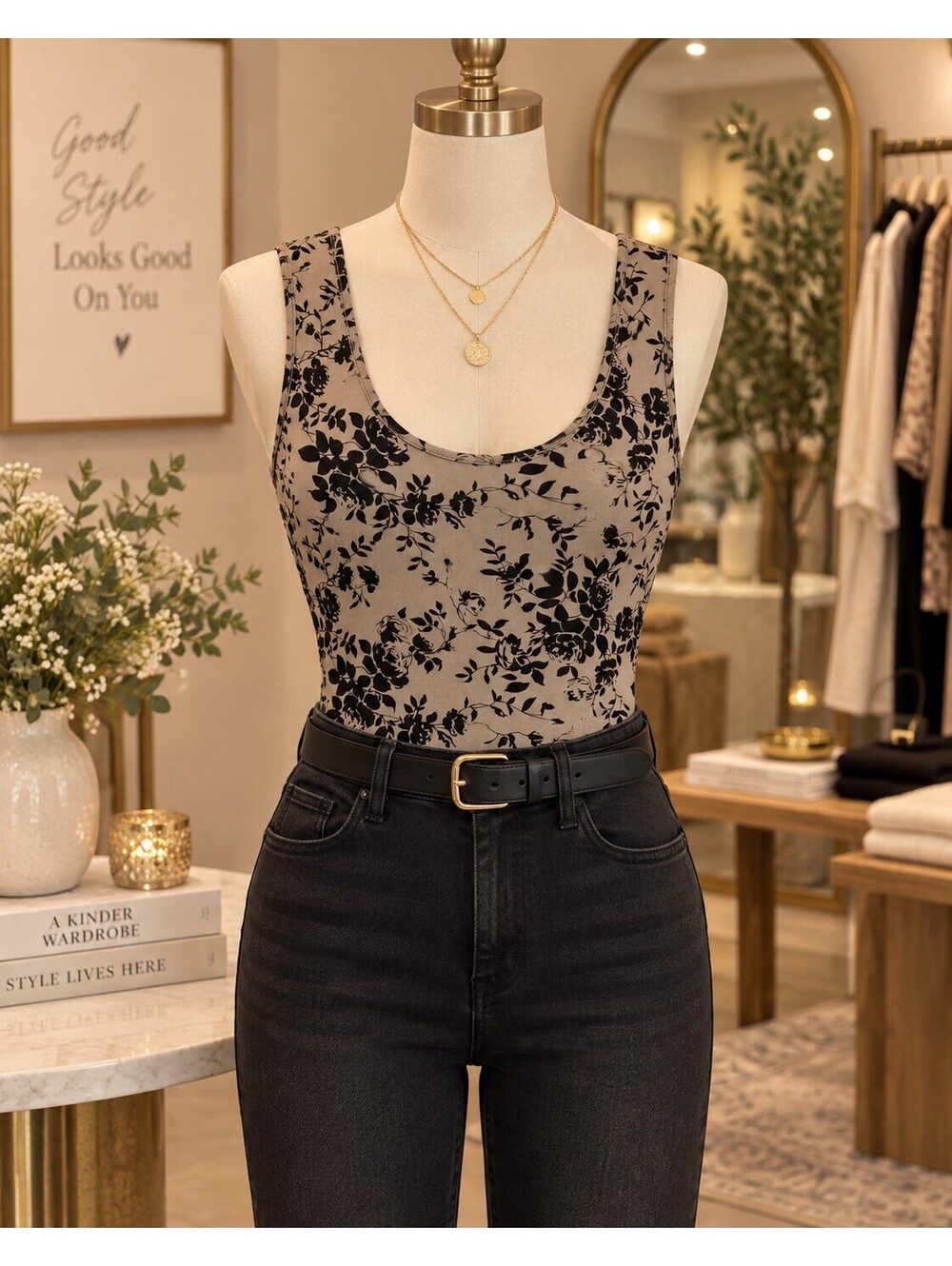 Emery rose beige and black floral bodysuit